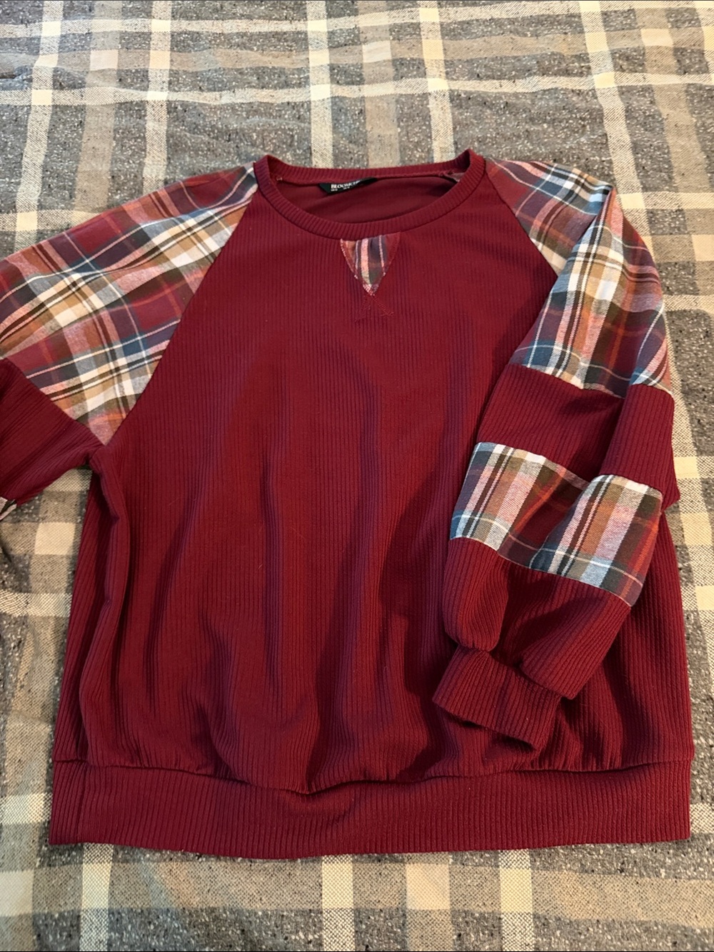 BloomChic Burgundy Crewneck Top with Plaid Sleeve Accents
